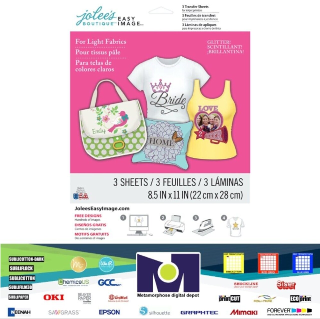 Jolee's Easy Image Transfer 8.5"x11" 3 Sh/Pkg-Glitter For Light Fabrics 56-47016 Made in USA